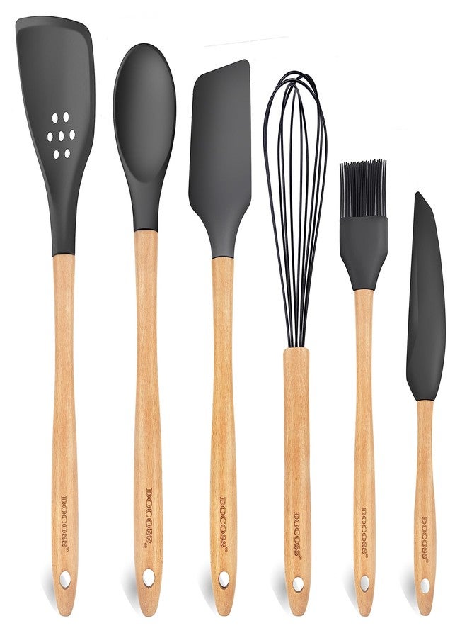 DOCOSS Pack of 6 Wooden Spatula for Non Stick Pan/Silicone Spatula for Kitchen/Spatula for Cake/Spatulas for Cooking Spoon Set,Baking Accessories(Black) - Image 1